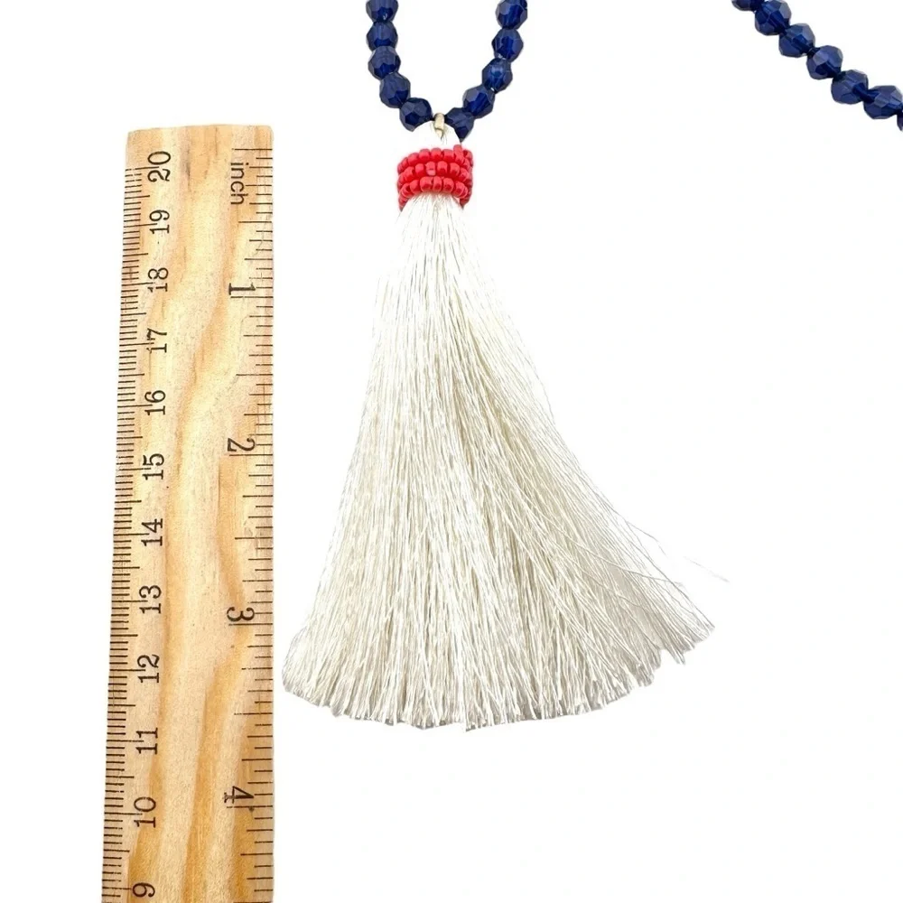 J Crew Necklace with Navy Blue Beads and White Tassel